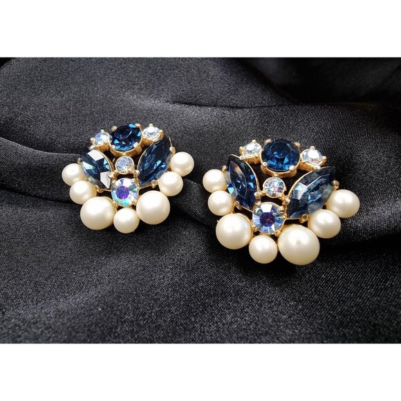 Rare Find Vintage 1930s Elsa Schiaparelli Clip-On Earrings W/ Blue Rhinestones - Picture 4 of 6
